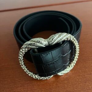 Sezane Artemis Belt Black Croc-Embossed Belt with Braided Buckle